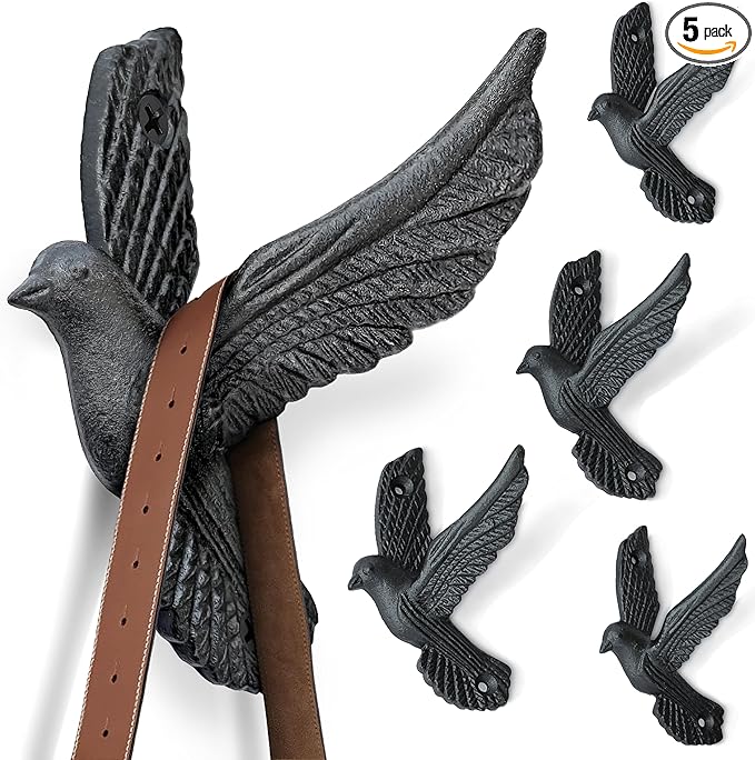 Ambipolar Flying Style Iron Cast Decorative Pigeon Bird Wall Mounted Coat Hooks, 5 Pieces, Black