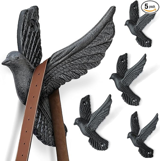 Ambipolar Flying Style Iron Cast Decorative Pigeon Bird Wall Mounted Coat Hooks, 5 Pieces, Black