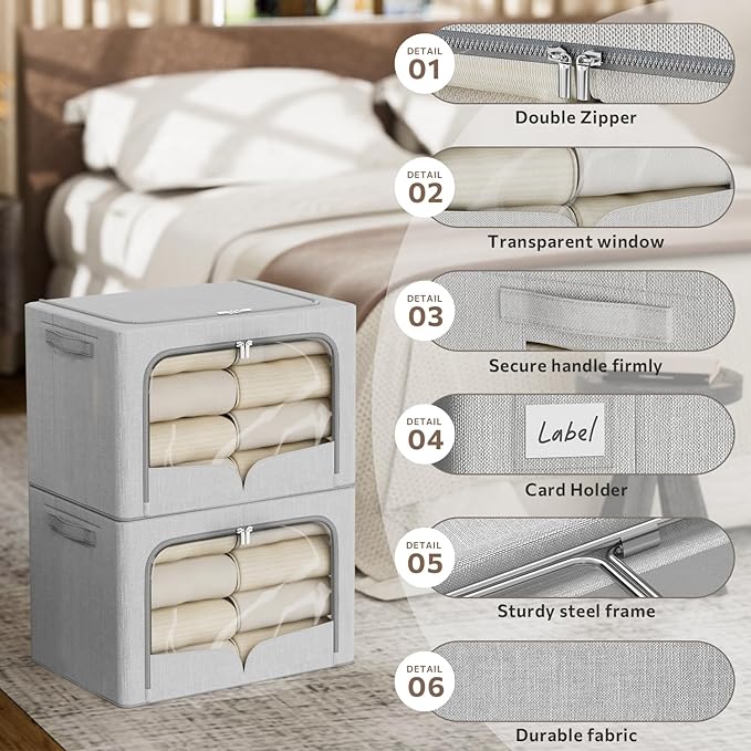 3 Pack Clothes Storage Bins - Foldable Metal Frame Storage Box - Stackable Linen Fabric Container Organizer Set with Carrying Handles and Clear Window (Light Gray, 19.7x15.7x13inch(66L))