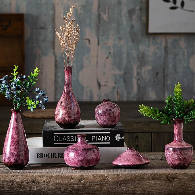 Pink Ceramic Bud Vases, Set of 6 Small Glazed Pottery Vases for Floral Arrangements, Decorative Rustic Vases for Modern Farmhouse Home Decor, Living Room, Dining Table Centerpieces