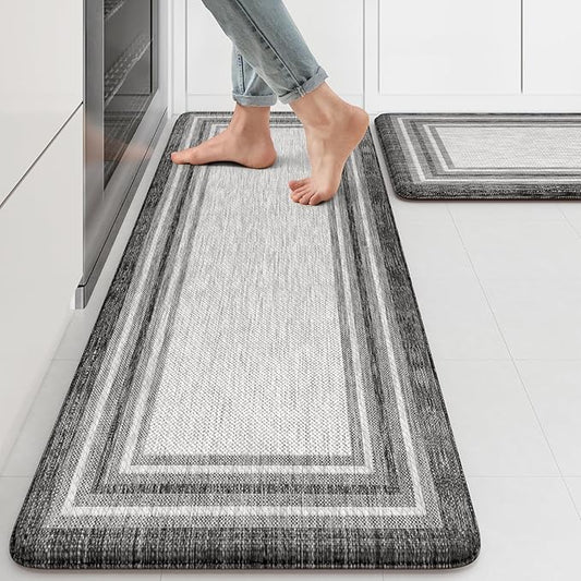 KIMODE Anti Fatigue Kitchen Mats for Floor 2PCS,17"x47"+17"x29" Farmhouse Kitchen Rugs Non Slip Rubber Backing,Waterproof Cushioned Standing Mat for Office,Laundry,Sink,Desk,Grey