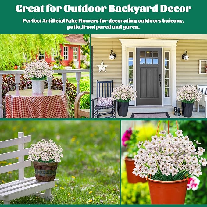 Lnoicy 12 Pcs Artificial Flowers for Outdoor,Plastic Flowers Decoration, UV Resistant Faux Flowers Shrubs, Artificial Plants for Indoor Outside Garden Home Wedding Farmhouse(White)