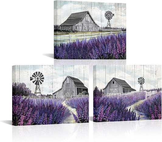 RyounoArt Farmhouse Wall Art Barn Windmill Lavender Pictures Countryside Rural Landscape Canvas Painting Wall Decor Framed Ready to Hang 12 * 16 inches* 3pcs