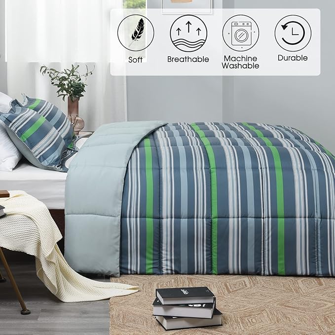 Beyond Basic King Size Comforter Set - Green & Grey Striped, Lightweight Down Alternative Bed Comforter Set (Green/Grey, King)