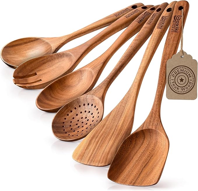Boxiki Kitchen Luxury Teak Wood Utensil Set - Elegant 6-Piece Cooking Ensemble Including Spoons, Server, Scraper & Spatula - Expertly Crafted for Culinary Excellence