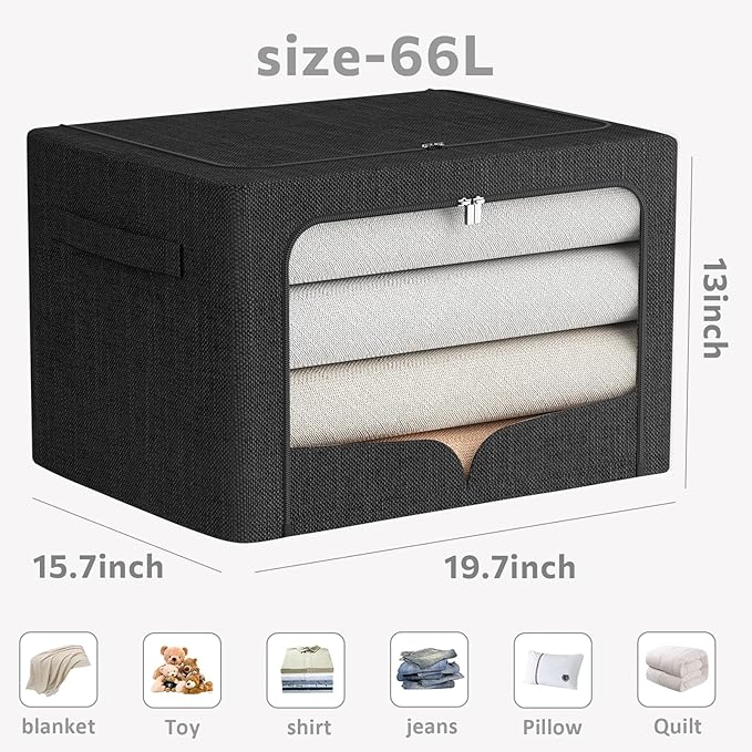 3 Pack Clothes Storage Bins - Foldable Metal Frame Storage Box - Stackable Linen Fabric Container Organizer Set with Carrying Handles and Clear Window (Black, 19.7x15.7x13inch(66L))