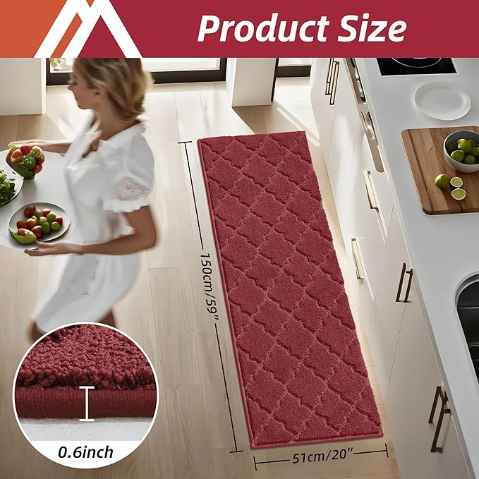 COSY HOMEER Soft Kitchen Floor Mats for in Front of Sink Super Absorbent Rugs and 20"x59" Non-Skid Mat Standing Washable,Polyester,Red