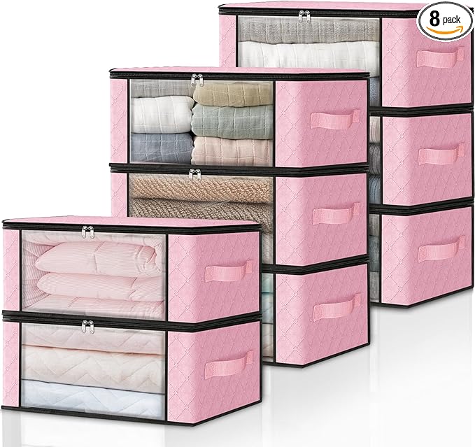HomeHacks Storage 8-Pack Clothes Organizer Storage Bags Foldable Storage Box with Large Clear Window Sturdy Handles for Closet, Dorm, Pillows, Bedding, Clothes, Blankets, 35L, Pink