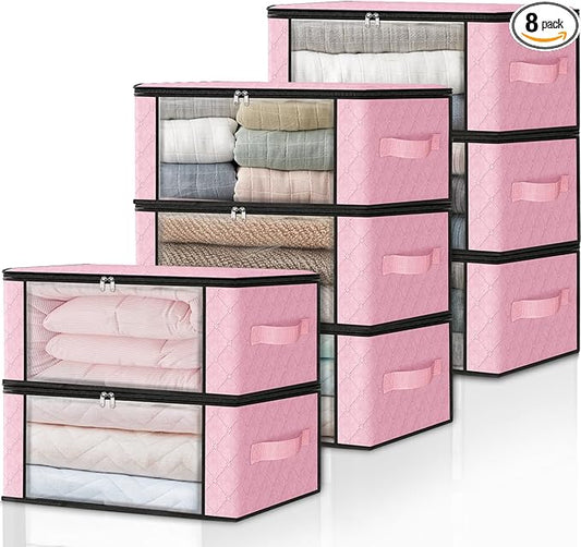 HomeHacks Storage 8-Pack Clothes Organizer Storage Bags Foldable Storage Box with Large Clear Window Sturdy Handles for Closet, Dorm, Pillows, Bedding, Clothes, Blankets, 35L, Pink