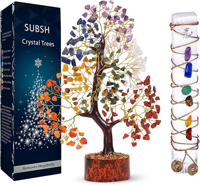 Crystal Tree of Life with Selenite Chakra Wand Stick, 7 Chakra Healing Crystal Trees, Office Desk Decor, Room Decor, Bonsai Trees for Positive Energy, Money, Good Luck Birthday Gifts for Women 10-12"