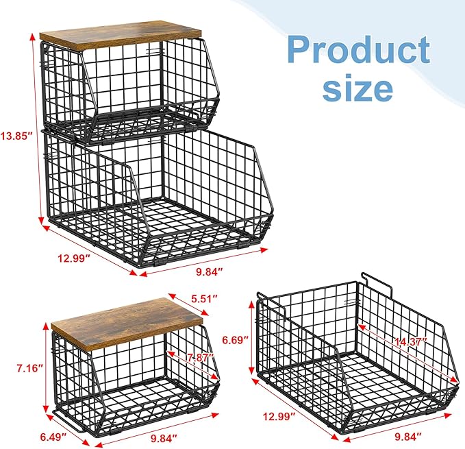 X-cosrack 2-Tier Stackable Wire Baskets with Wood Lids, Fruit Basket for Kitchen Counter, Wall-mounted Baskets for Potato and Onion Storage, Metal Baskets for Snack Produce Cans