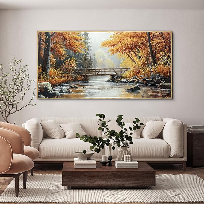KLAKLA Canvas Wall Art - Rustic Landscape Burnt Orange Forest Tree Creek Print Picture Framed Artwork for Living Room Bedroom Office Wall Decor - 48x24 Inches
