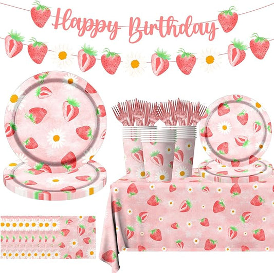 Strawberry Party Decorations - Strawberry Themed Birthday Tableware Disposable Plate,Tablecloth,Napkin Sweet One Party Decorations for Berry First Birthday Supplies