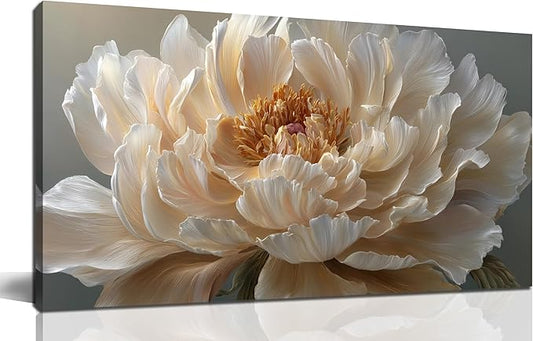 Ouzzlie Flower Canvas Wall Decor for Bedroom Living Room Office White Wall Art Floral Picture Art Light Yellow Peony Modern Artwork Posters 20"x40"