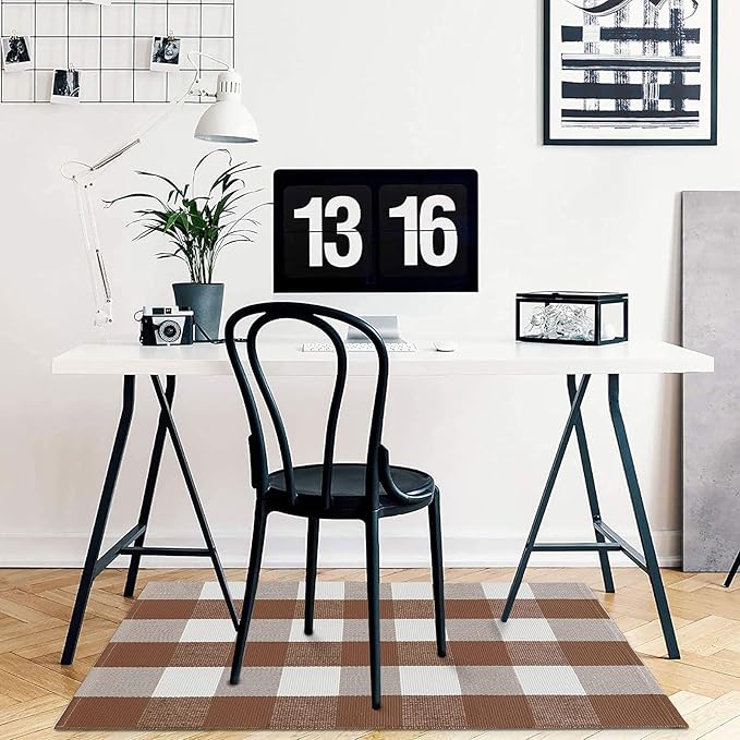 KOZYFLY Buffalo Plaid Area Rugs 2x3 Ft Coffee and White Checkered Rug Washable Front Door Mat Hand Woven Cotton Outdoor Rug Small Rug for Front Porch Kitchen Entryway Patio Bathroom