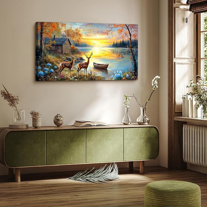 crmotu Animal Landscape Wall Art, Lake Sunset Scenery Large Artwork, Cottage Deer Flower Rustic Canvas Art Prints, Nature Autumn Scenic Paintings Wall Decor Living Room Bedroom Kitchen 20X40 In