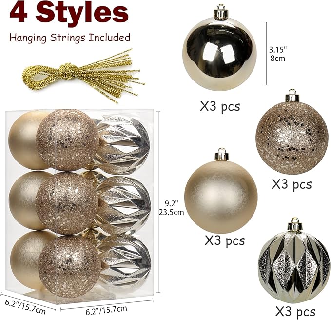 12PCS 3.15" Christmas Ball Ornaments Shatterproof Champagne Christmas Tree Decorations Xmas Tree Balls Halloween Ornaments Décor
