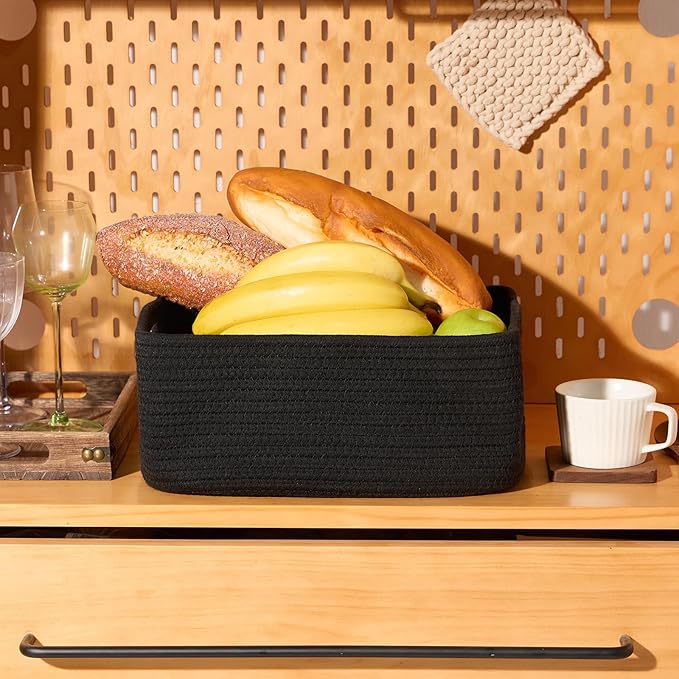 Small Storage Baskets for Organizing | Closet Organizer Bins | Shelf Toy Basket | Woven Rope Baskets | Cube Decorative Box | Shallow Basket | 13x8.5x5.1” | 3 Packs Black
