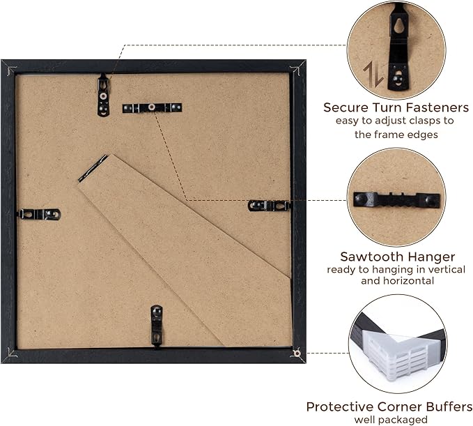 8x8 Oak Wood Picture Frame in Black, 8"x8" Photo Frame for Wall, Square Frames 8x8 with Stand for Tabletop Display, Real Tempered Glass, 8 x 8 Picture Frames (Black Color, 1 Pack)