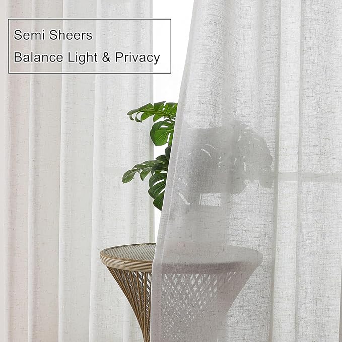 Ivory Linen Semi Sheer Curtains 84 Inches Long, Flax Light Filtering Drapes for Living Room Bedroom, White Oatmeal Window Treatments, Farmhouse Pinch Pleat Curtain with Hooks