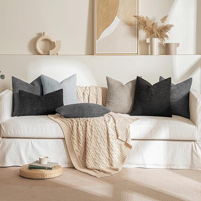 MIULEE 22x22 Inch Decorative Euro Sham Throw Pillows for Bed Set of 2 Textured Boucle Neutral Throw Pillow Covers Black Accent Solid Euro Couch Pillowcase Cozy Soft Sofa Livingroom Home Decor