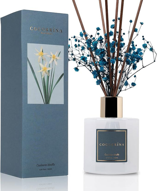 Cocorrína Premium Reed Diffuser Set with Preserved Baby's Breath & Cotton Stick Cashmere Vanilla | 6.7 fl oz Scent Fragrance Oil Diffuser for Bedroom Bathroom Home Décor