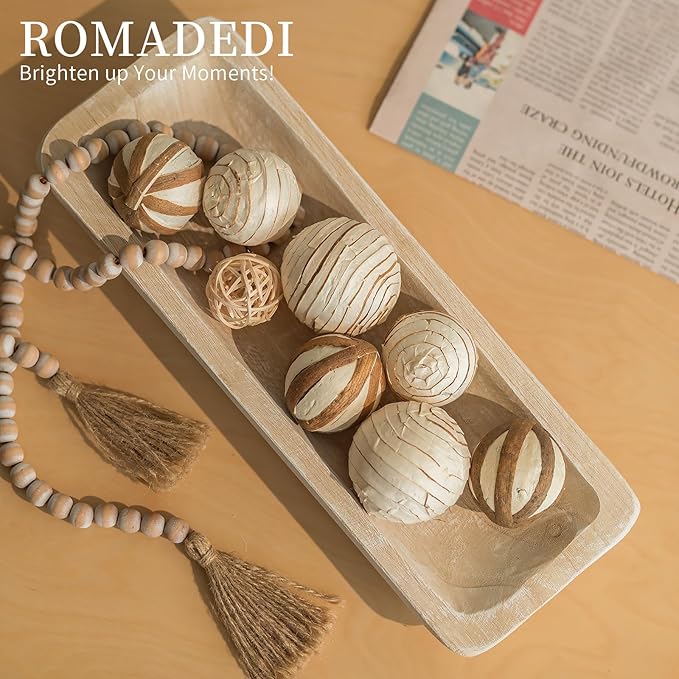 Romadedi Decorative Bowls for Home Decor - 16" Wooden Dough Bowl for Decor, Large Wood Bowl for Kitchen Table Centerpieces Long Narrow Wooden Tray for Dining Table Whitewashed