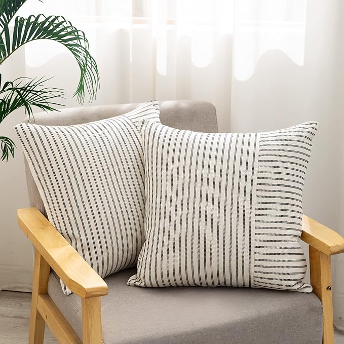 Farmhouse Pillow Covers 24x24, Modern Accent Square Throw Pillow Covers Set of 2, Black and Beige Striped Patchwork Linen Decorative Pillows Cushion Covers for Couch Chair Bedroom Fall Decorations