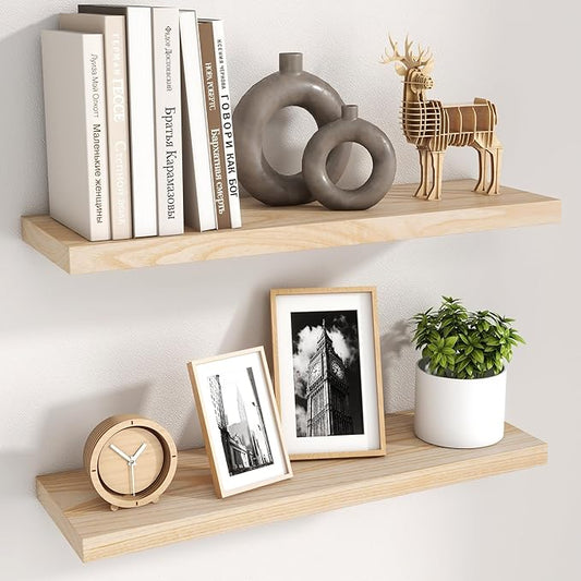 fuqing Natural Wood Floating Shelves for Wall - 24 Inch Wood Shelves Set of 2 - Natural Wooden Wall Shelves for Living Room Bedroom Home Office