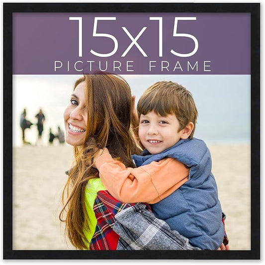15x15 Frame Black Real Wood Picture Frame Width 0.75 Inches | Interior Frame Depth 0.5 Inches | Black Mid Century Photo Frame Complete with UV Acrylic, Foam Board Backing & Hanging Hardware