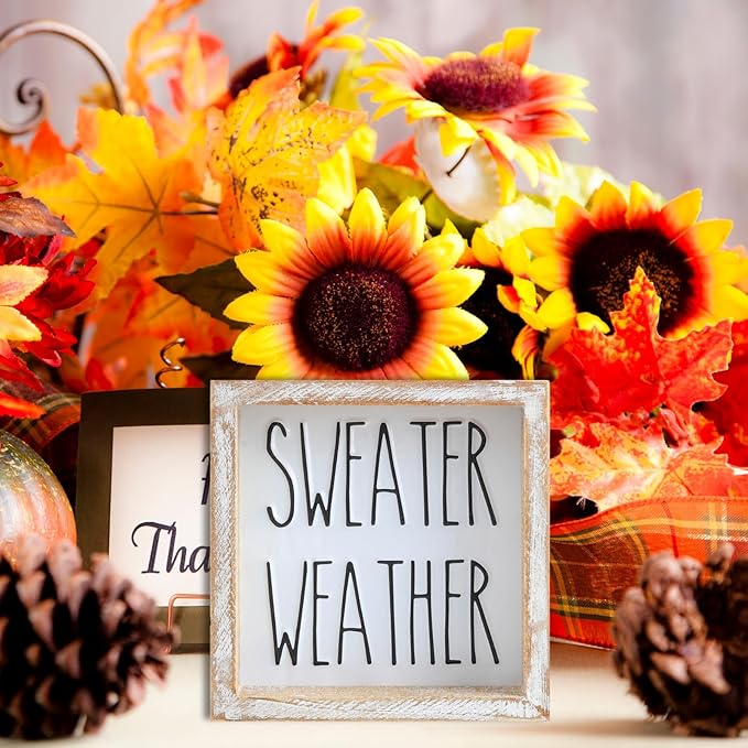 Embossed Sweater Weather Sign, Rustic Fall Decorations for Home, Fall Centerpieces for Table Cubicle Desk Mantel Fireplace, Autumn Tiered Tray Decor