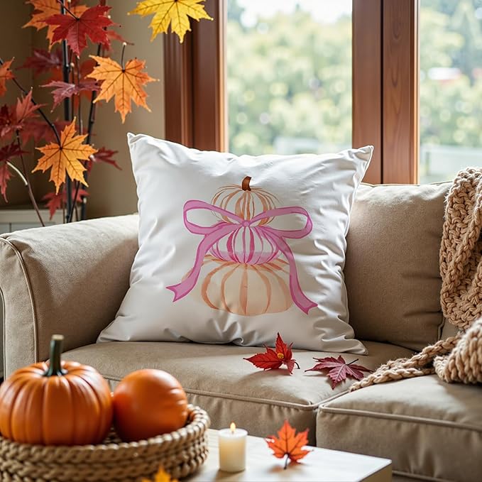 Coquette Pink Bow Watercolour Pumpkin Fall Pillow Covers 18x18, Preppy Pink Autumn Pillowcases for Couch Sofa, Cute Girly Pumpkin Decorative Pillow Covers for Bedroom Living Room Dorm
