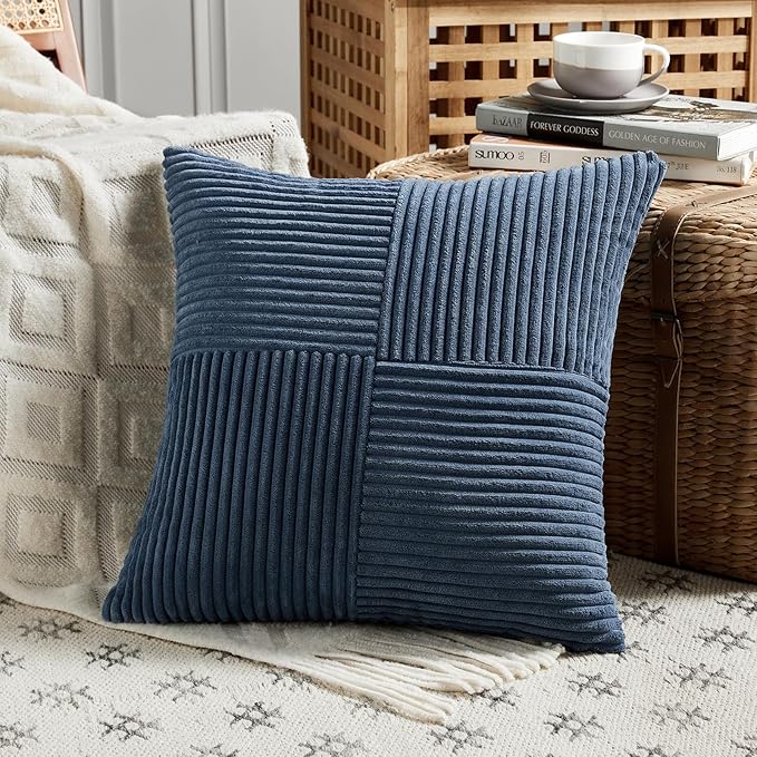 Fancy Homi 4 Packs Dusty Blue Decorative Throw Pillow Covers 18x18 Inch for Living Room Couch Bed, Farmhouse Boho Home Decor, Soft Cross Corduroy Patchwork Textured Square Cushion Case 45x45cm