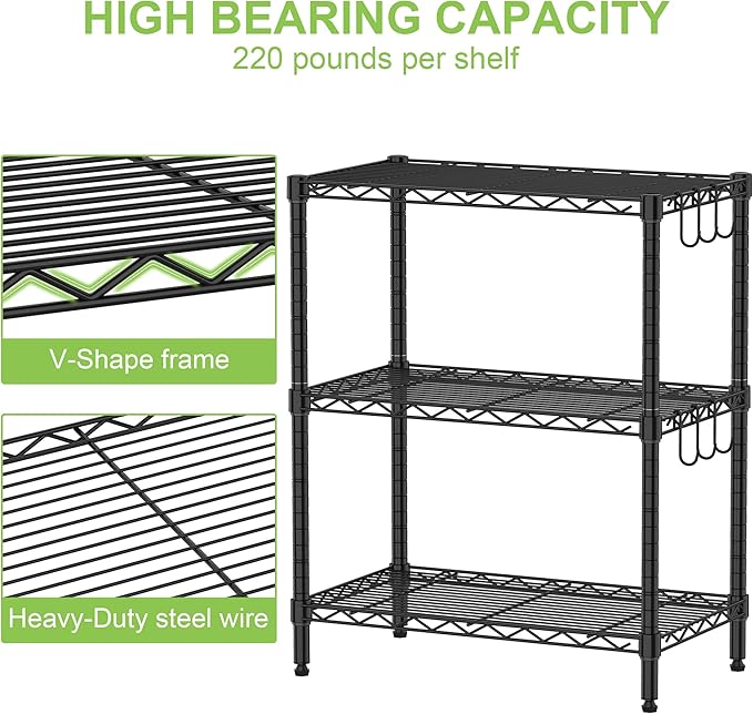 3-Tier Metal Storage Shelves, Steel Wire Rack Units Organizer, Adjustable Utility Shelf, Commercial Metal Shelf for Kitchen Garage Pantry Laundry