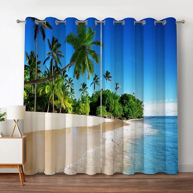 Jekeno Ocean Beach Palm Tree Blackout Curtains Tropical Blue Ocean Sky Sunny Seaside Scene Beach Decor for Bedroom Living Room Grommet Window Drapes 2 Panel Set, 42"x54"