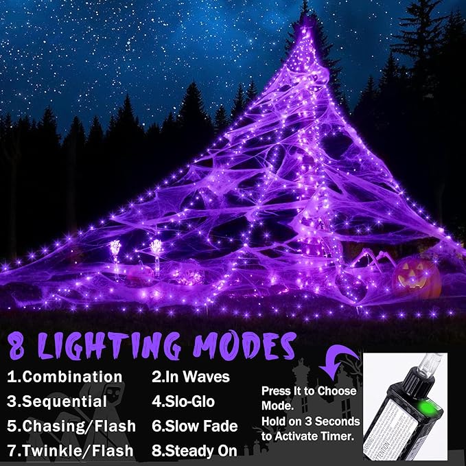 Halloween Spider Web Lights Decoration 455 LED Spider Webs Halloween Decorations Outdoor with 59" Large Spider & 3.53 oz Stretch Cobweb 16.4 Ft Light Up Giant Spider Web with 8 Modes & Timer (Purple)