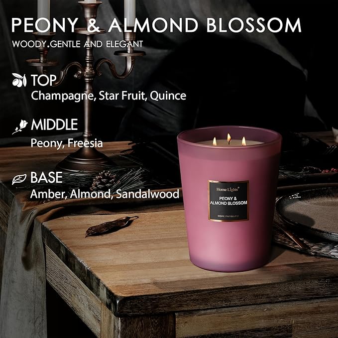HomeLights Premium Scented Candles - 33.3 oz Natural Soy Wax, Aromatherapy for Home, Long Lasting Smokeless, 130 hrs Burn Time, 3 Cotton Wicks, Gifts for Women & Men - Peony & Almond Blossom
