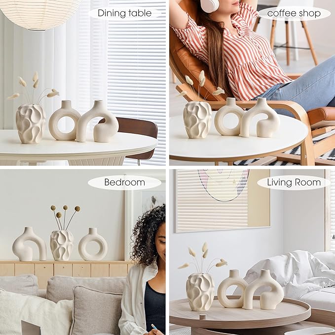 White Ceramic Vase Set of 3, Small Vases for Home Decor, Modern Boho Vase for Pampas Grass, Decorative Round White Vases Centerpieces for Coffee Table Living Room Shelf