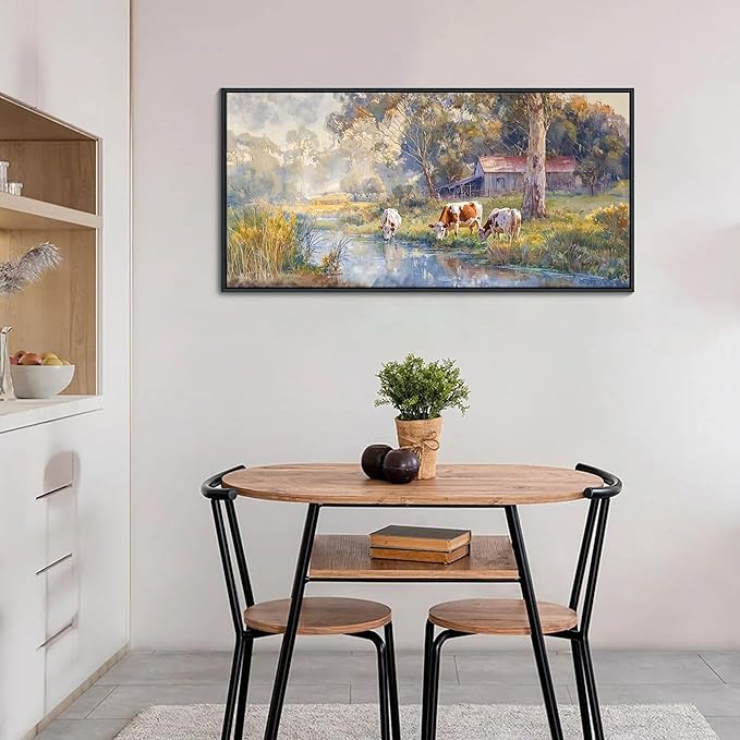 JEAWA Framed Canvas Wall Art - 20x40 IN Watercolor Landscape Painting Ready to Hang, Country Picture with Wooden House and Green Trees, Cow Art Prints for Bedroom Bathroom Home Decoration