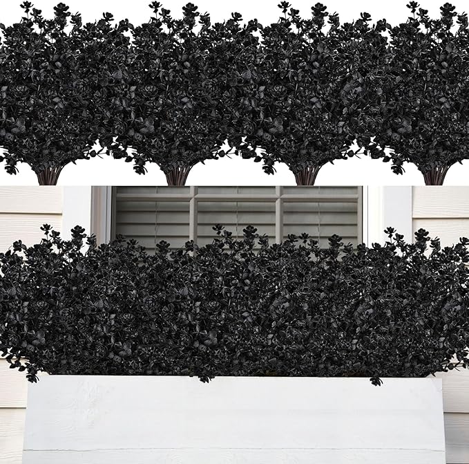 AmyHomie 20 Bundles Black Eucalyptus Artificial Flowers for Outdoor UV Resistant Faux Flowers No Fade Fake Plastic Plants Garden Porch Window Box Decorating