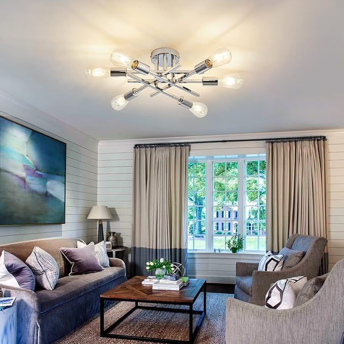 ASGYISA 6-Lights Semi Flush Mount Ceiling Light Fixture Modern Chrome Matte Sputnik Chandelier Farmhouse Ceiling Lighting for Kitchen Bedroom Dining Room Living Room