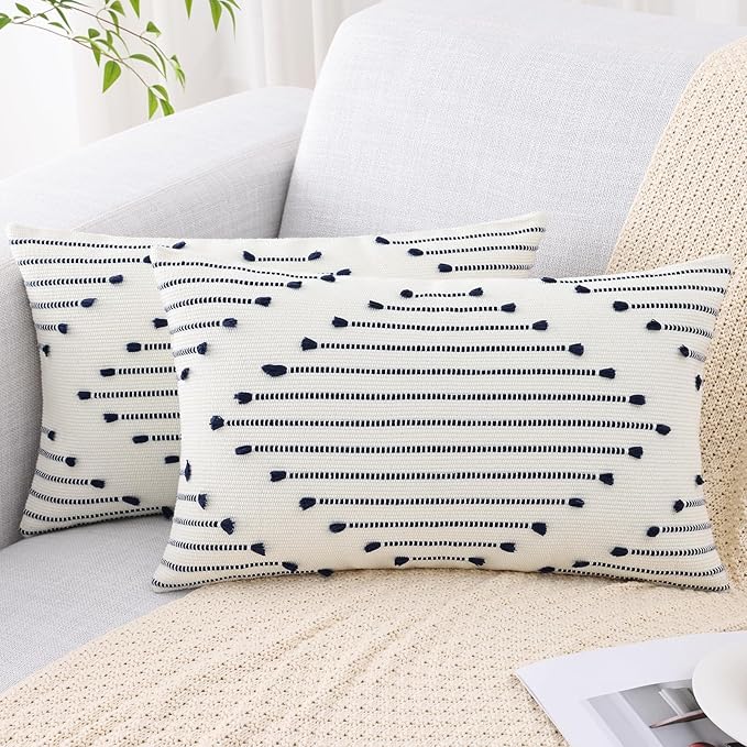 Mecatny Boho Outdoor Throw Pillow Covers 12X20 Set of 2, Farmhouse Lumbar Pillow Covers for Couch Sofa Living Room, Navy & Cream White