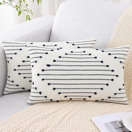 Mecatny Boho Outdoor Throw Pillow Covers 12X20 Set of 2, Farmhouse Lumbar Pillow Covers for Couch Sofa Living Room, Navy & Cream White