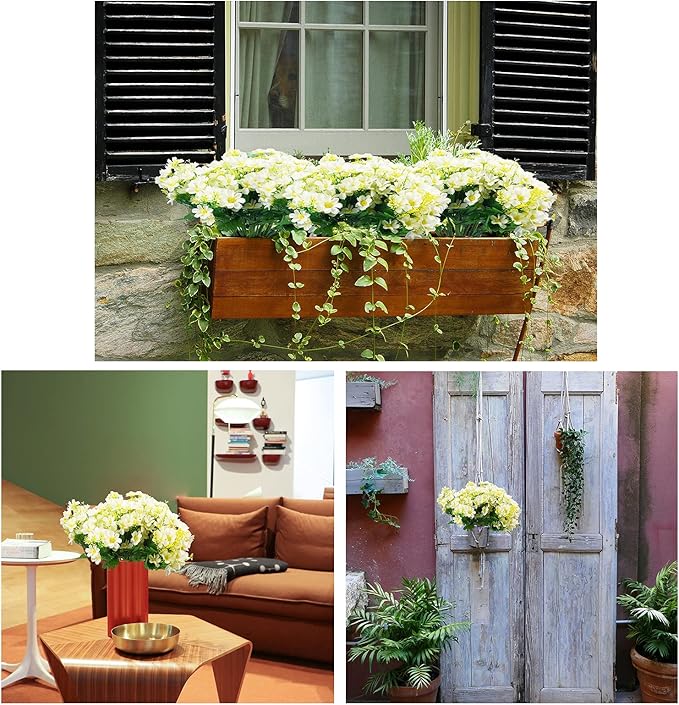 Uieke 12 Bundles Artificial Fake Flowers Outdoors UV Resistant Faux Daisy Mums Silk Flowers Bulk No Fade Shrubs Plants for Indoor Outside Home Wedding DIY Garden Porch Summer Décor (White)