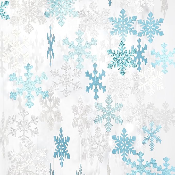 Snowflake-Snow Teal-Silver Christmas Party-Decorations Garland - 6pcs Winter Wonderland Girl Frozen Birthday Hanging Decoration Streamers Banner, Snow White New Year Supplies Holiday Decor Panduola