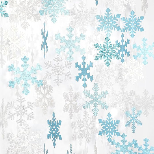 Snowflake-Snow Teal-Silver Christmas Party-Decorations Garland - 6pcs Winter Wonderland Girl Frozen Birthday Hanging Decoration Streamers Banner, Snow White New Year Supplies Holiday Decor Panduola