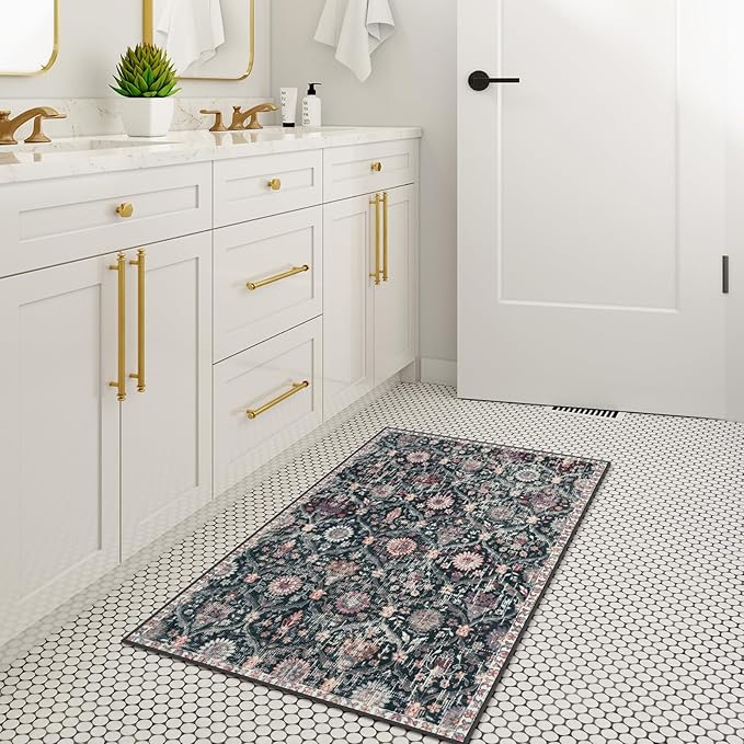 Lahome Kitchen Rugs Non Slip Washable Rugs for Entryway, 2x4 Rug Non-Slip Moroccan Trellis Ultra-Thin Indoor Door Mat Small Carpet for Bathroom Bedroom Entry, Black/Multi