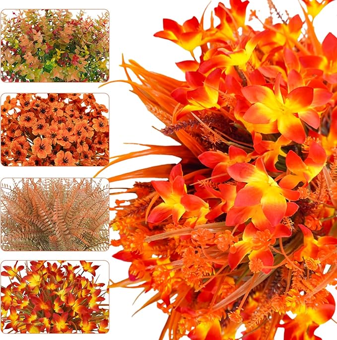 64 Pcs Artificial Fall Flower Outdoor Fake Fall Flowers UV Resistant Faux Fall Eucalyptus Plants for Home Porch Planter Garden Thanksgiving Fall Decor