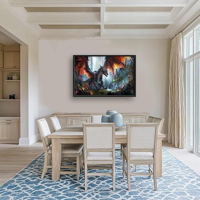 Dragon Large Framed Wall Art Western Fire Dragon Pictures Oversized Wall Decor Cool Animal Canvas Print Painting Aesthetic Modern Artwork for Living Room Bedroom Office Bathroom Home Decor 36L x24W