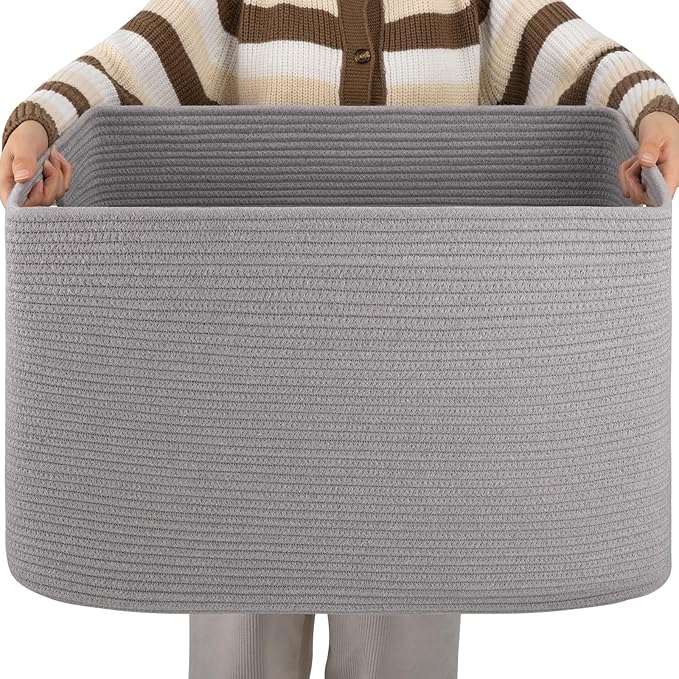 OIAHOMY XXLarge Rectangle Blanket Basket-96L, Cotton Woven Basket for Storage, Dirty Clothes Basket for Living Room, Nursery, Bedroom, Toy Organizing with Handle, 24" x 16" x 15", Grey